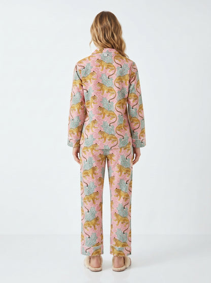 Women’s Pink & Blue Leopard Print Cotton Night Suit Set – Elegant Two Piece Pajama Set