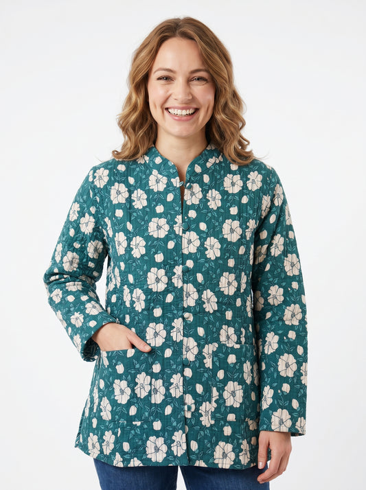 Emerald Green Bloom – Long Cotton Quilted Reversible Jacket