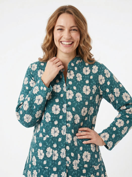 Emerald Green Bloom – Long Cotton Quilted Reversible Jacket