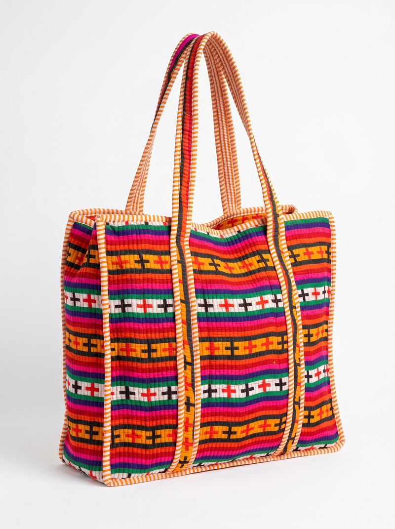 Classic striped quilted cotton tote bag for women by House of Arya