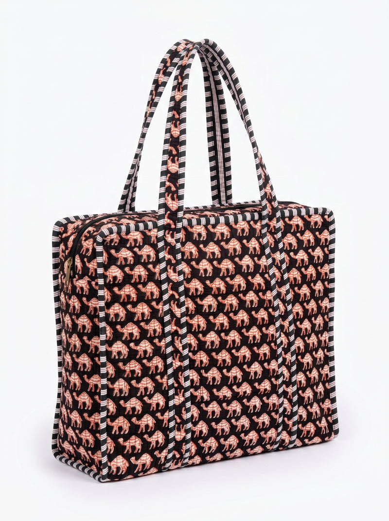 Solid camel quilted cotton tote bag for women by House of Arya
