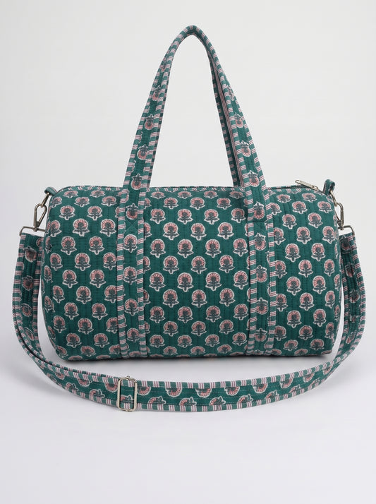 Royal Bottle Green Quilted Cotton Duffle Bag – Lightweight Travel Weekender