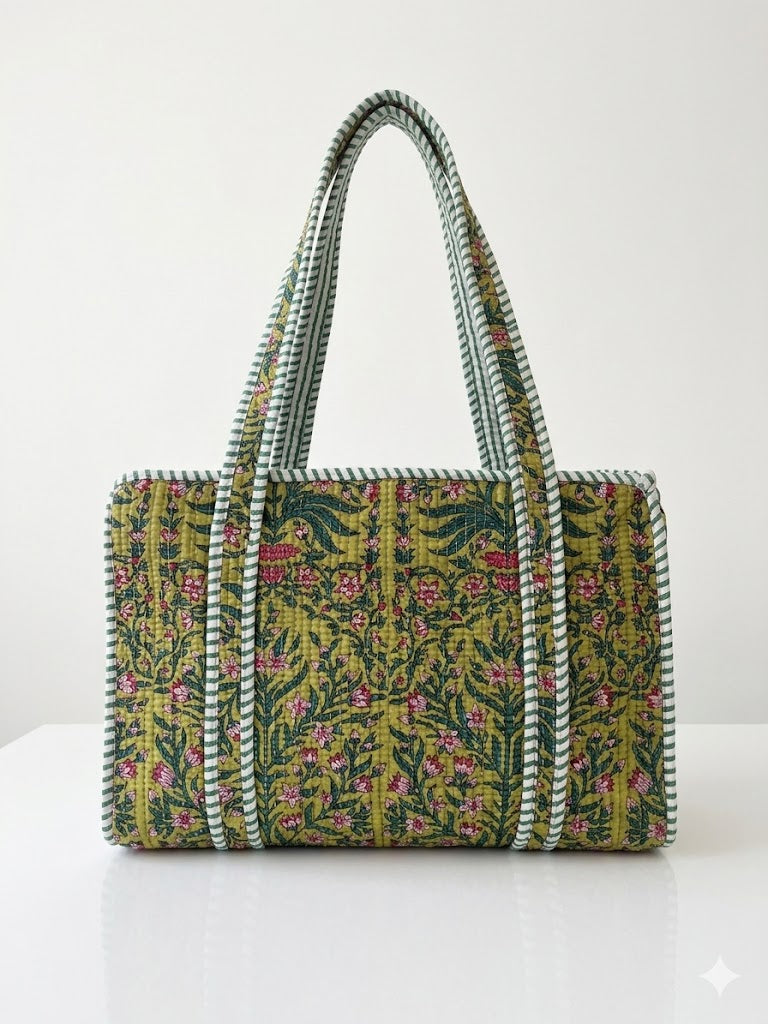 Mini Green floral Quilted Mini Tote Bag 10X14
