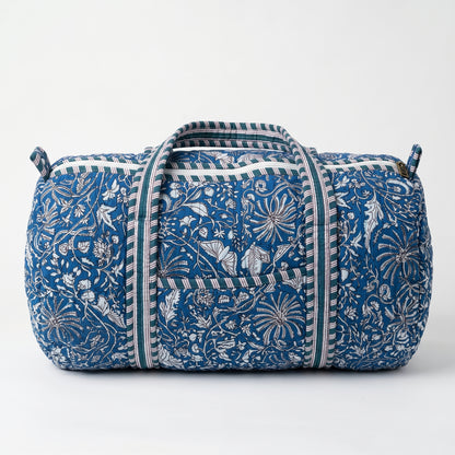 Blue Floral Print Quilted Cotton Duffle Bag – Lightweight Travel Weekender