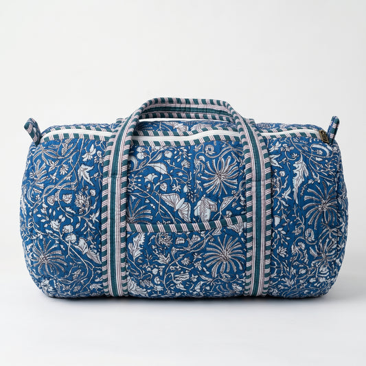 Blue Floral Print Quilted Cotton Duffle Bag – Lightweight Travel Weekender