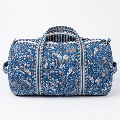 Blue Floral Print Quilted Cotton Duffle Bag – Lightweight Travel Weekender