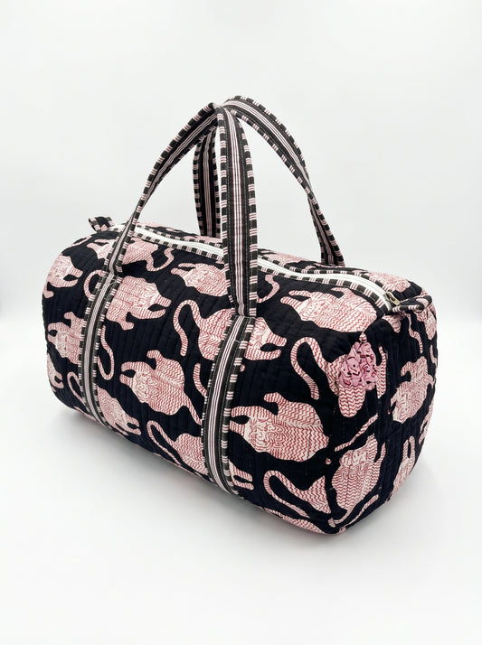 Black Tiger Print Quilted Cotton Duffle Bag – Lightweight Travel Weekender