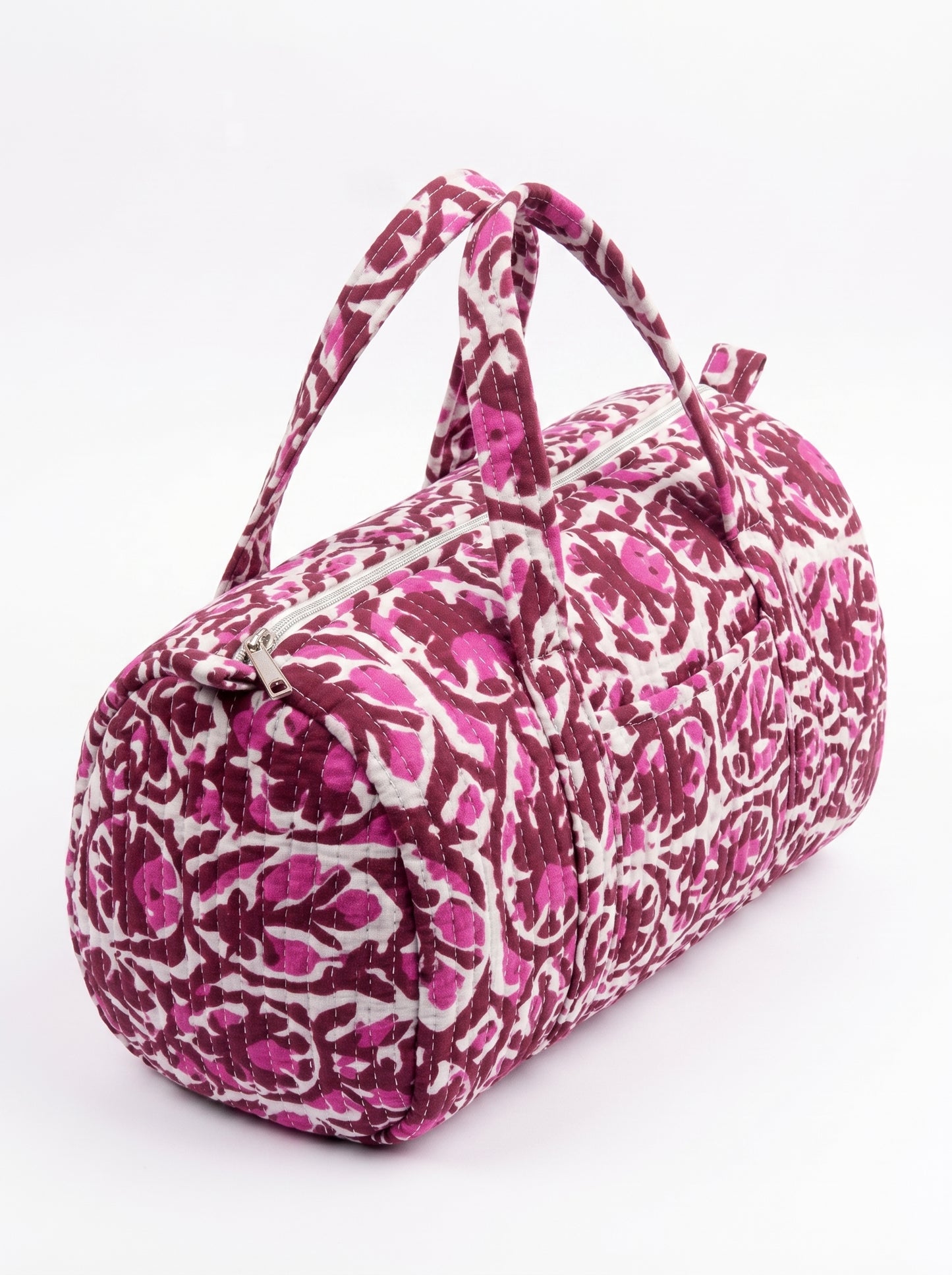 Pink Maroon Quilted Cotton Duffle Bag – Lightweight Travel Weekender