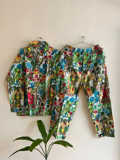 Women's White Farida Print Cotton Night Suit Set – Two Piece Pajama Set