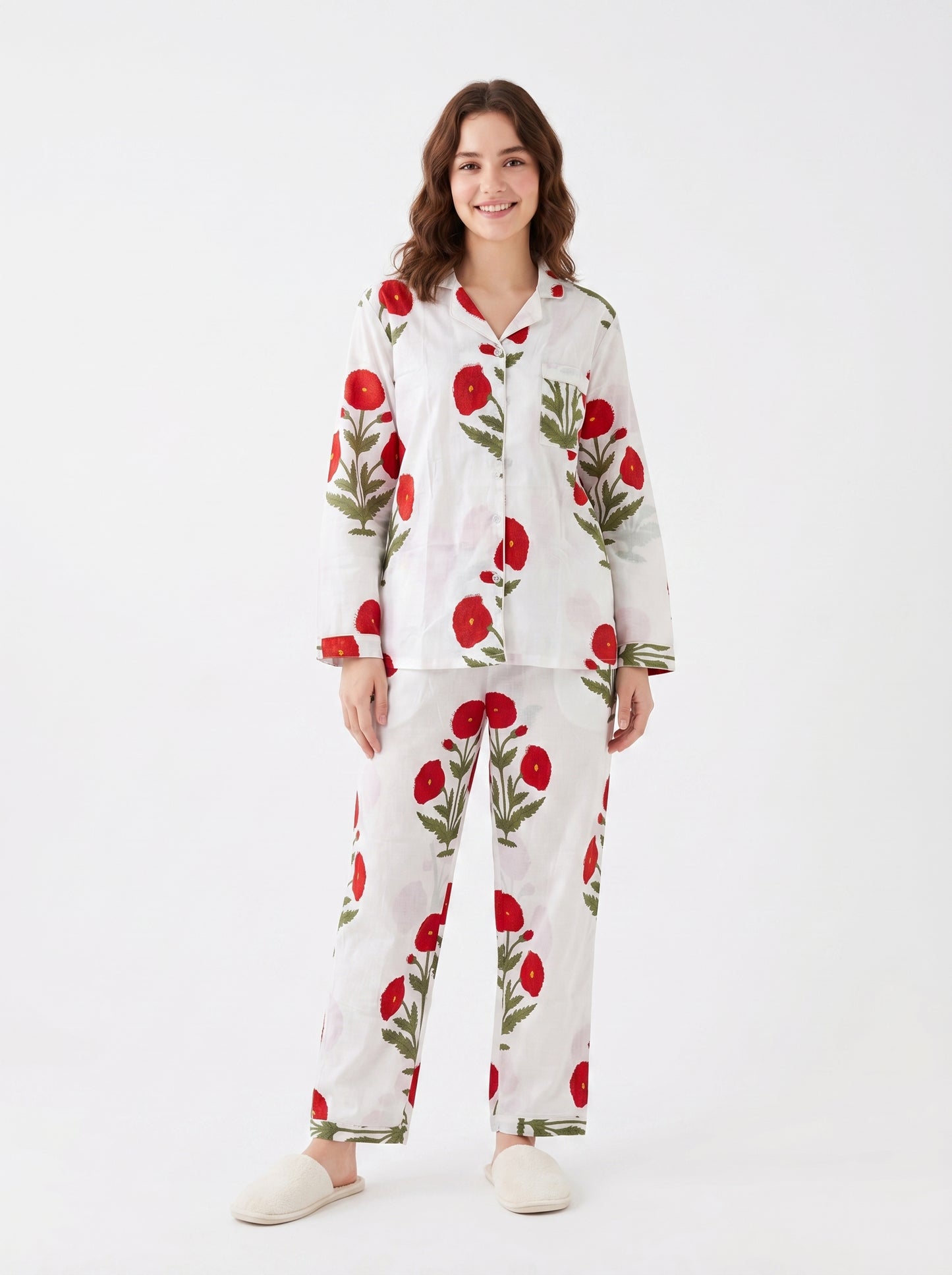 Women’s Red Bloom Delight Print Cotton Night Suit Set - Elegant Two Piece Pajama Set