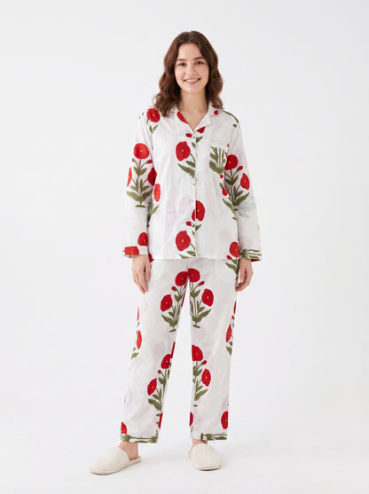 Women’s Red Bloom Delight Print Cotton Night Suit Set - Elegant Two Piece Pajama Set