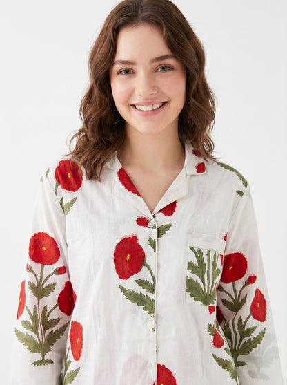 Women’s Red Bloom Delight Print Cotton Night Suit Set - Elegant Two Piece Pajama Set