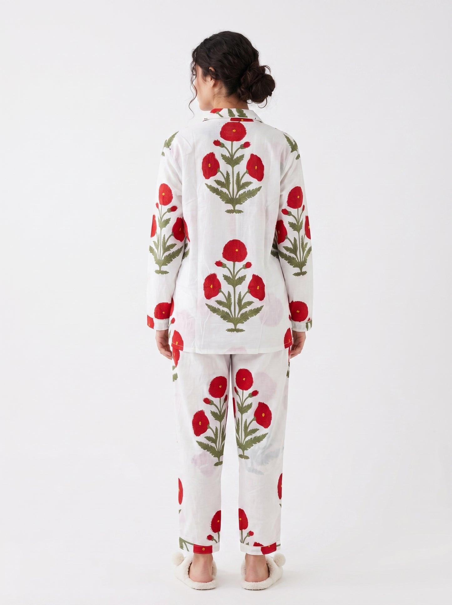 Women’s Red Bloom Delight Print Cotton Night Suit Set - Elegant Two Piece Pajama Set