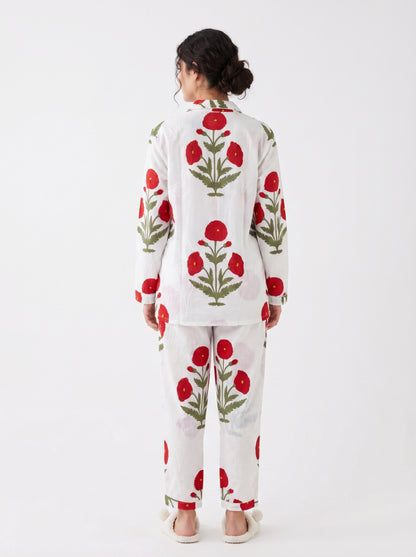 Women’s Red Bloom Delight Print Cotton Night Suit Set - Elegant Two Piece Pajama Set