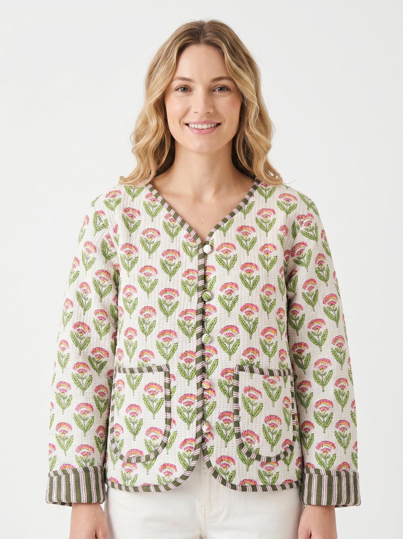 White Winter Bloom Cotton Quilted Reversible Jacket by House of Arya