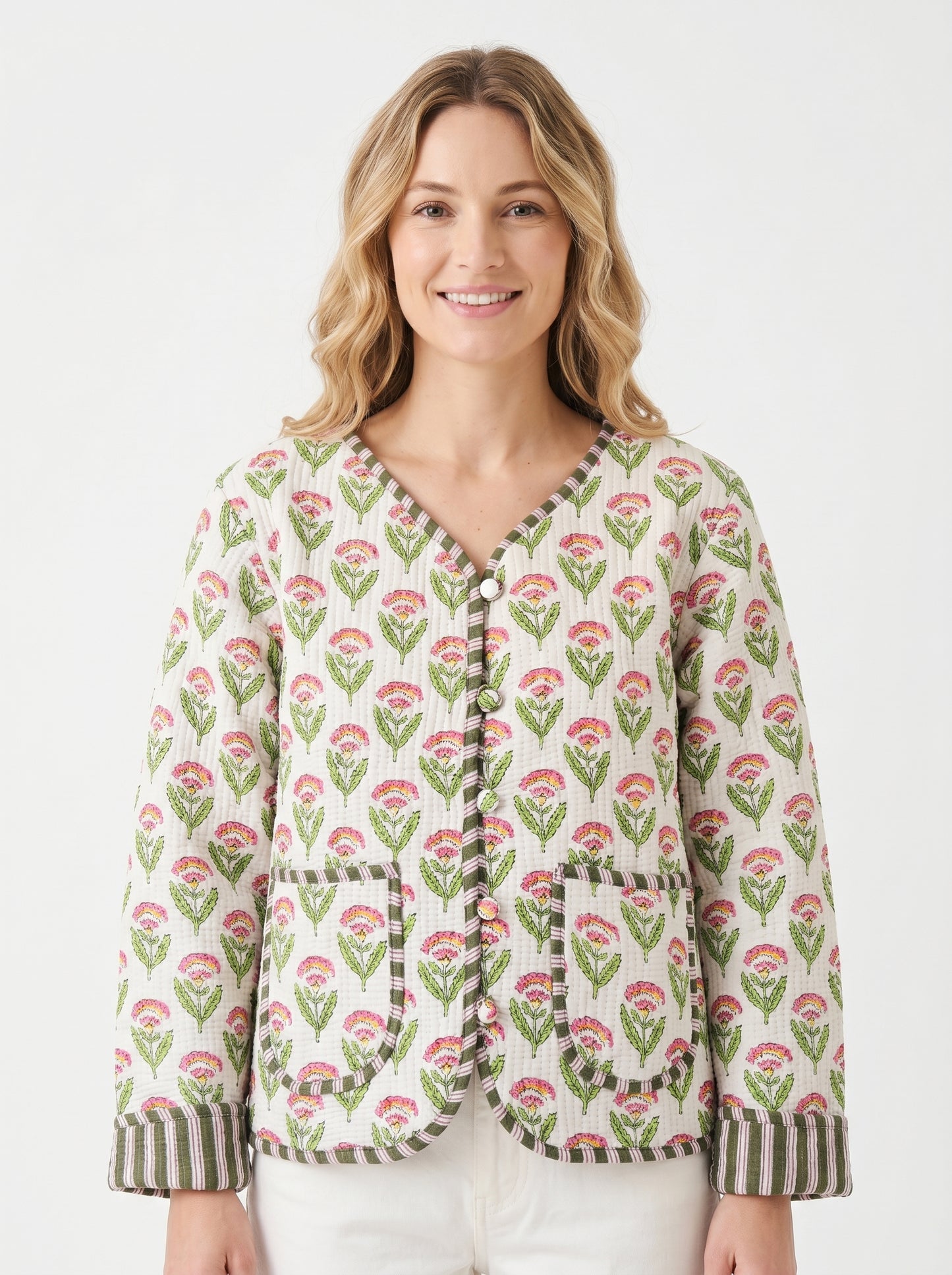 White Winter Bloom - Cotton Quilted Reversible Jacket