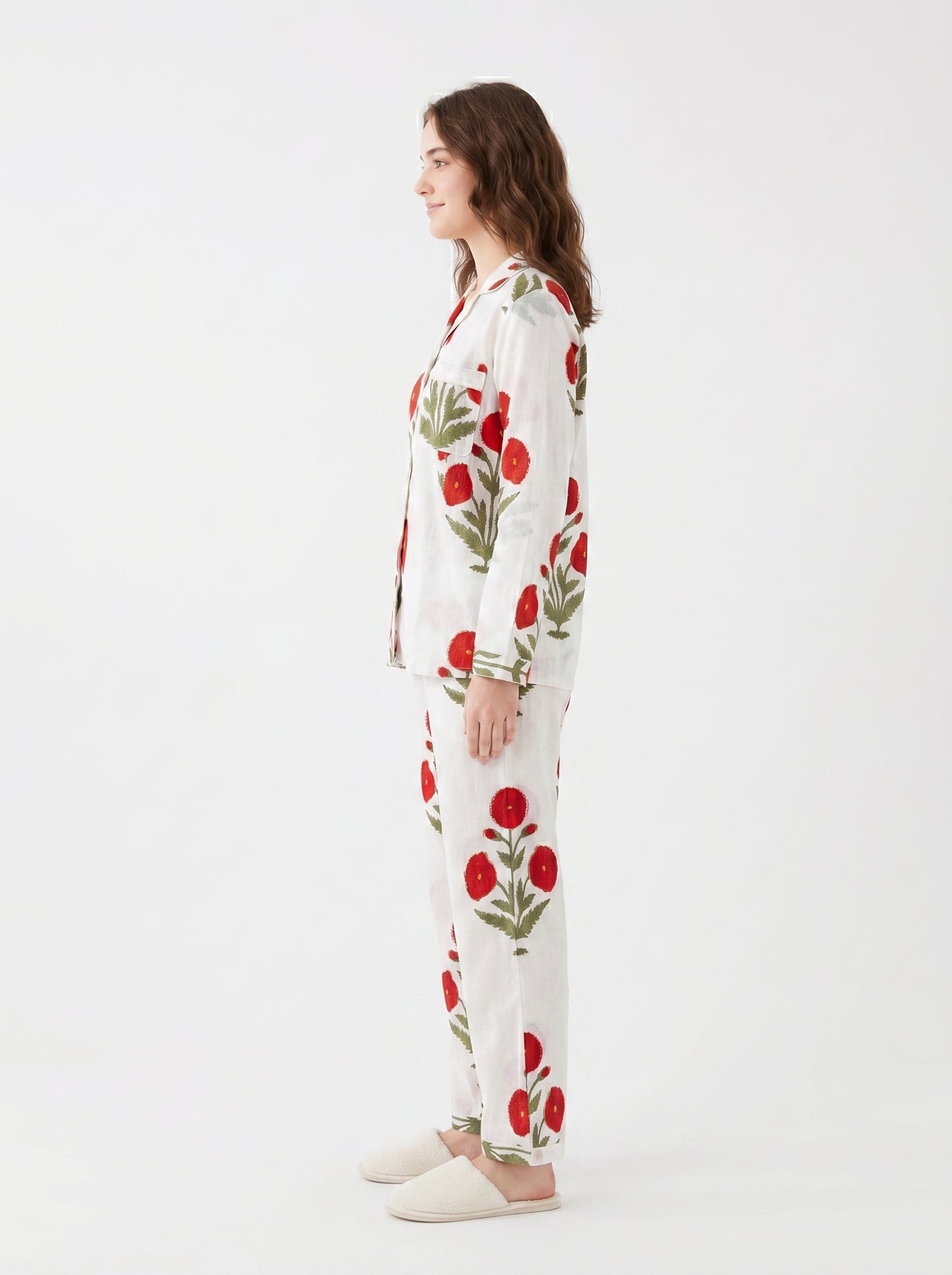 Women’s Red Bloom Delight Print Cotton Night Suit Set - Elegant Two Piece Pajama Set