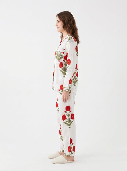 Women’s Red Bloom Delight Print Cotton Night Suit Set - Elegant Two Piece Pajama Set