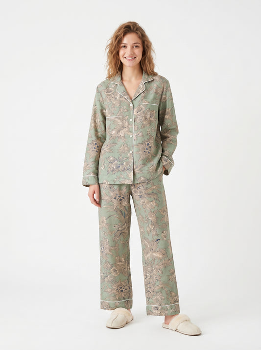 Women’s Pastel Green Floral Cotton Night Suit Set - Elegant Two Piece Pajama Set