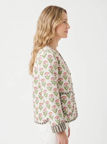 White Winter Bloom - Cotton Quilted Reversible Jacket