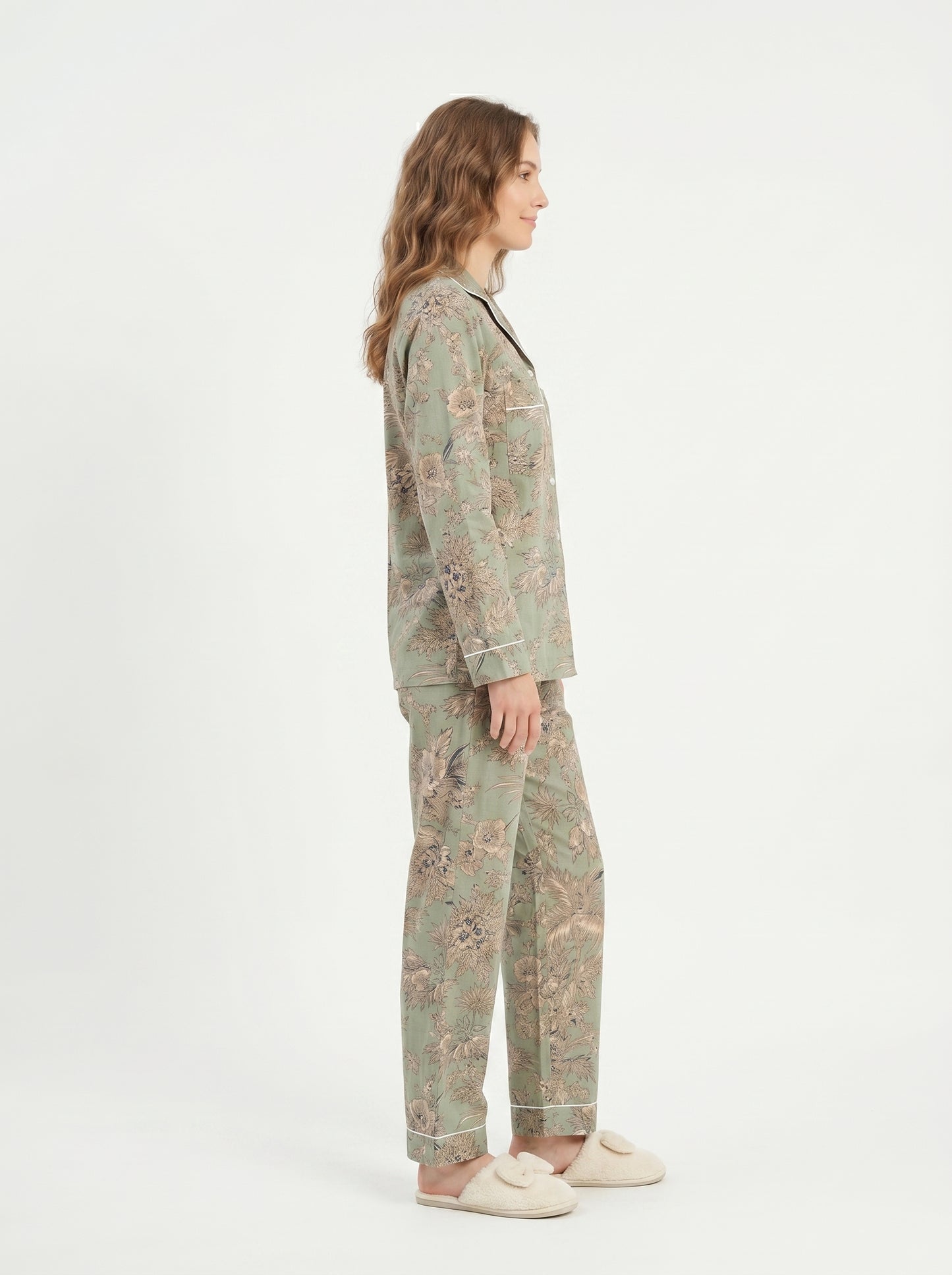 Women’s Pastel Green Floral Cotton Night Suit Set - Elegant Two Piece Pajama Set