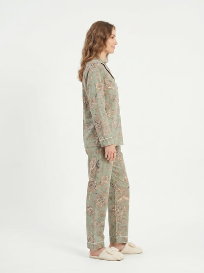 Women’s Pastel Green Floral Cotton Night Suit Set - Elegant Two Piece Pajama Set