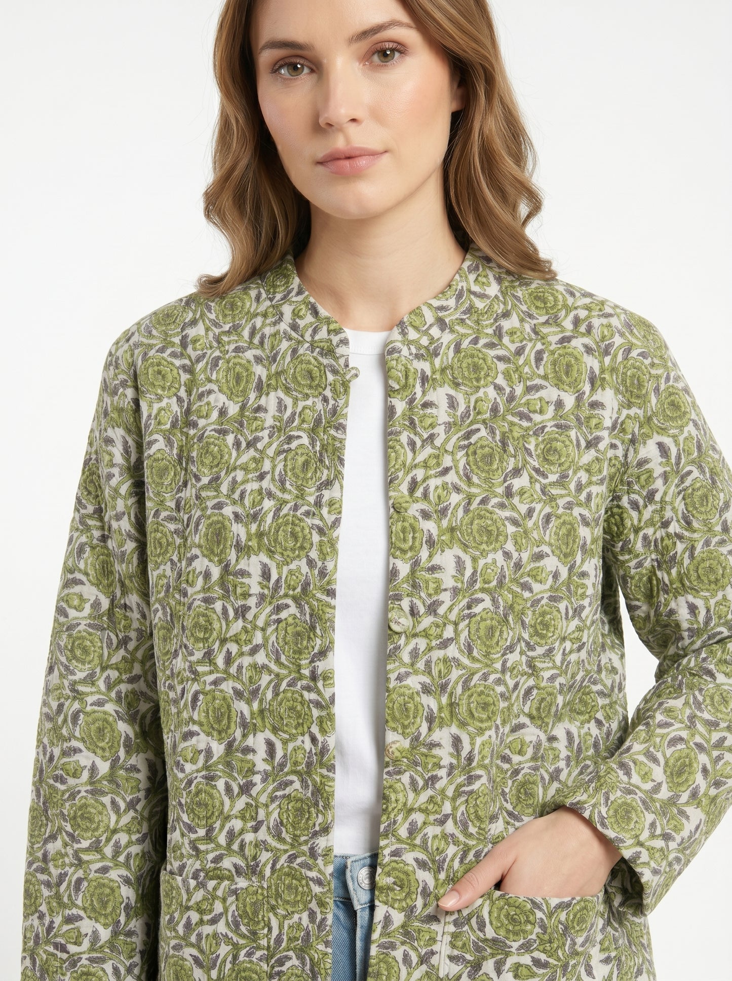 Lush Green Bloom – Long Cotton Quilted Reversible Jacket
