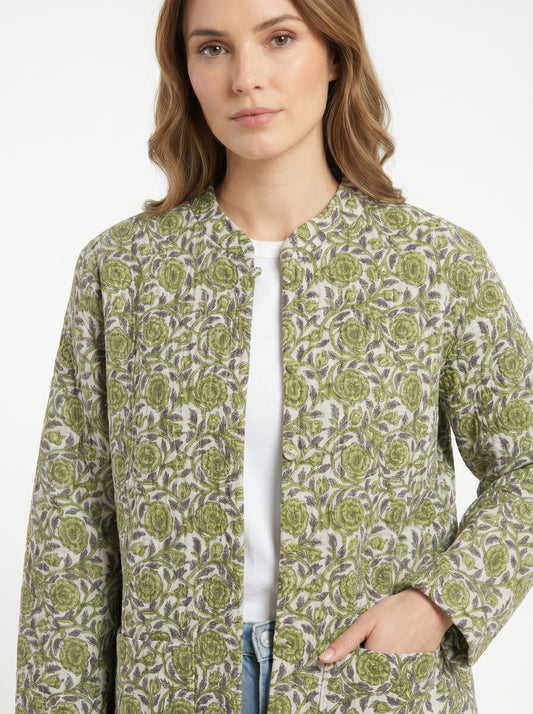 Lush Green Bloom – Long Cotton Quilted Reversible Jacket