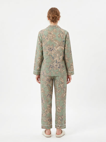 Women’s Pastel Green Floral Cotton Night Suit Set - Elegant Two Piece Pajama Set