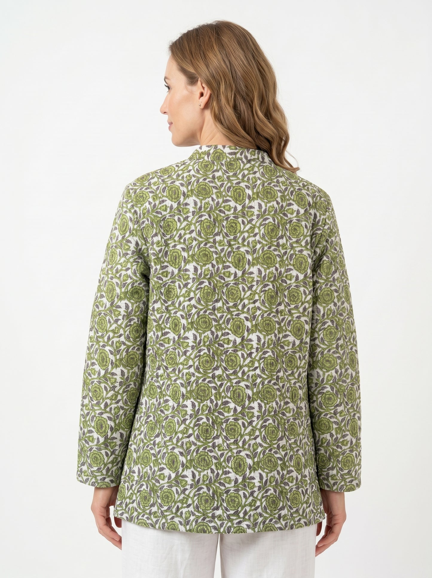 Lush Green Bloom – Long Cotton Quilted Reversible Jacket