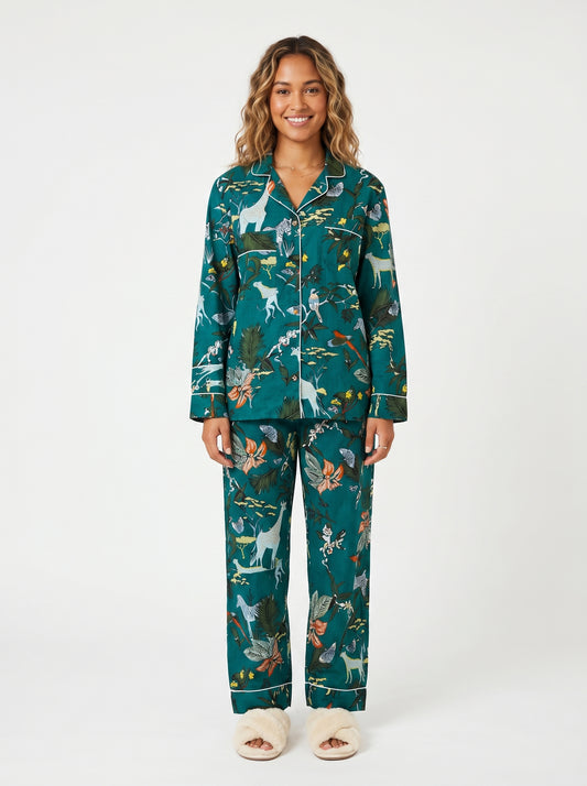 Women's Bottle Green Cotton Night Suit Set – Elegant Two Piece Pajama Set
