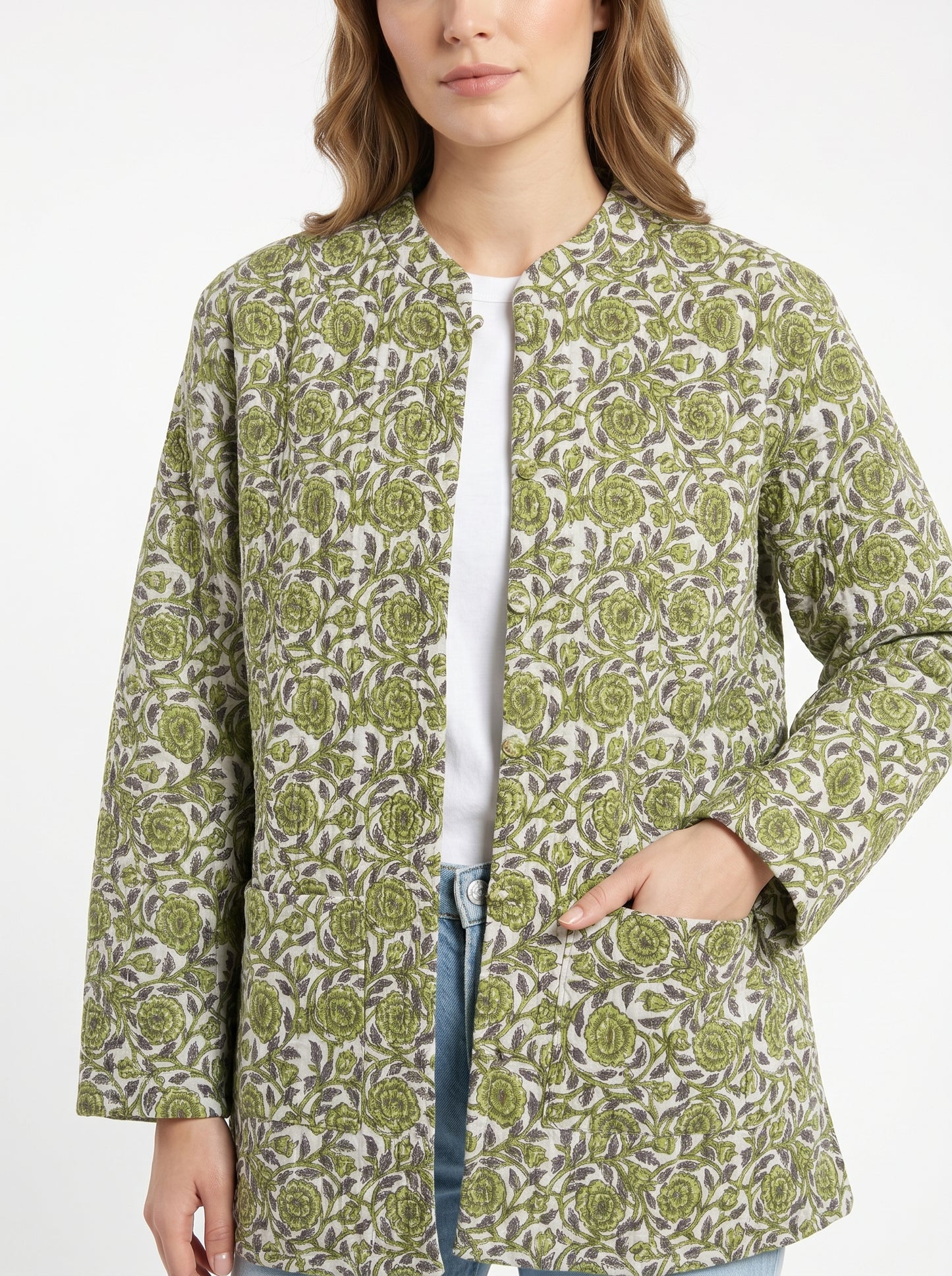 Lush Green Bloom – Long Cotton Quilted Reversible Jacket