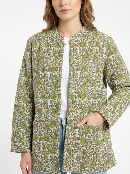 Lush Green Bloom – Long Cotton Quilted Reversible Jacket
