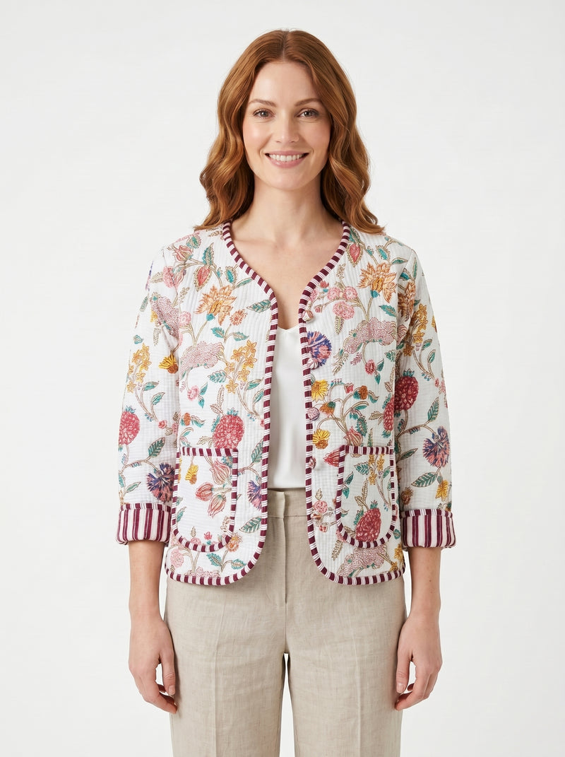 White Blossom Cotton Quilted Reversible Jacket by House of Arya