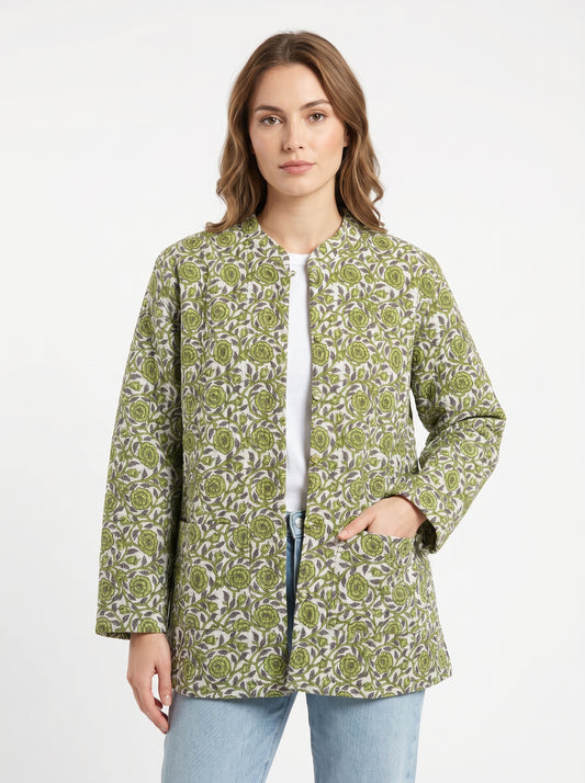 Lush Green Bloom – Long Cotton Quilted Reversible Jacket