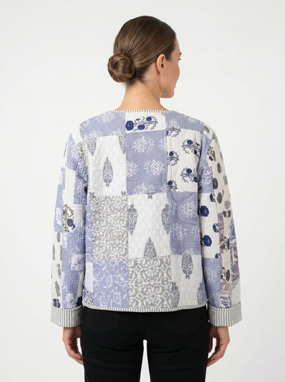 White Blue Mist – Patchwork Cotton Quilted Reversible Jacket