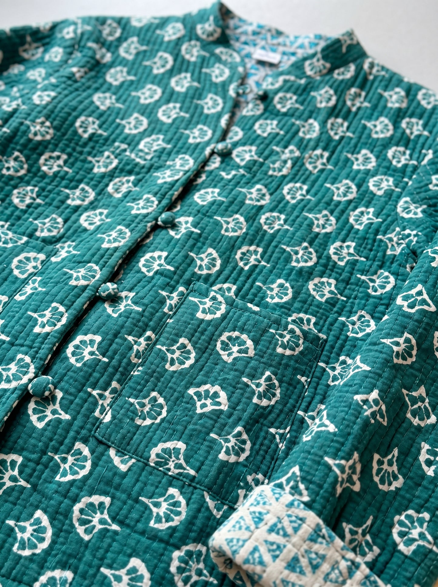 Forest Muse – Long Dark Green Cotton Quilted Reversible Jacket