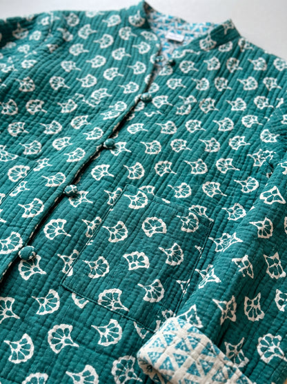 Forest Muse – Long Dark Green Cotton Quilted Reversible Jacket