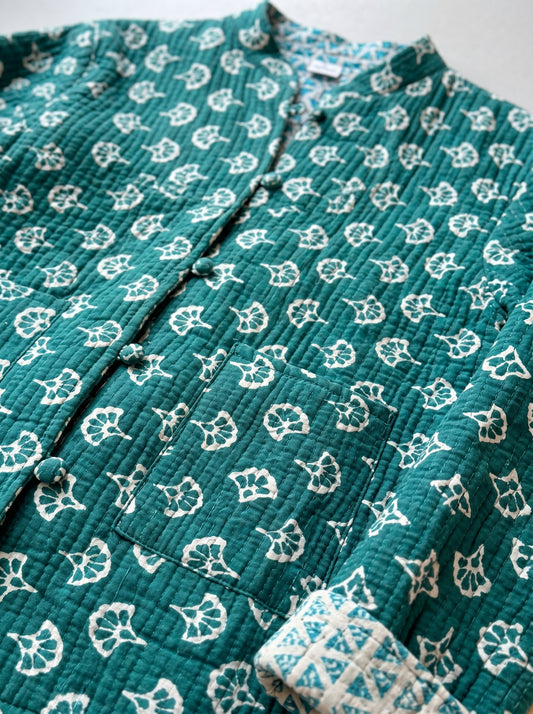 Forest Muse – Long Dark Green Cotton Quilted Reversible Jacket