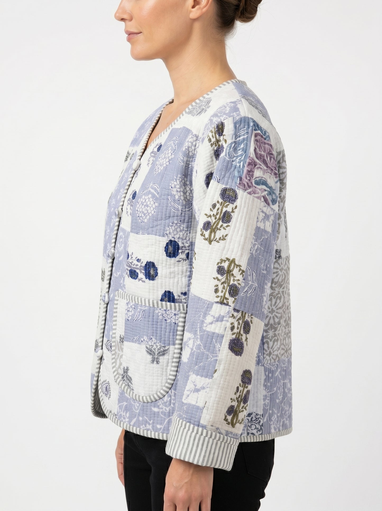 White Blue Mist – Patchwork Cotton Quilted Reversible Jacket