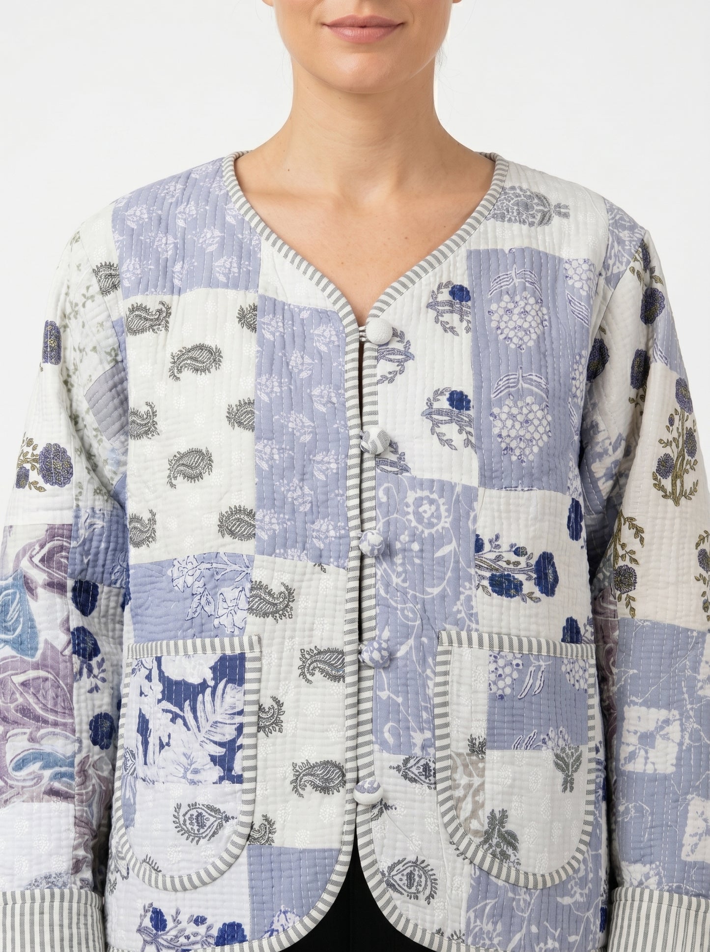 White Blue Mist – Patchwork Cotton Quilted Reversible Jacket