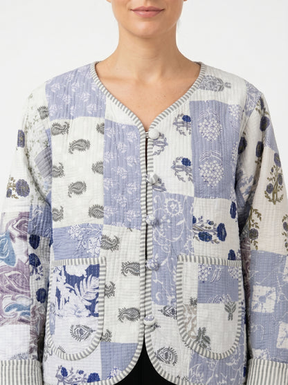 White Blue Mist – Patchwork Cotton Quilted Reversible Jacket