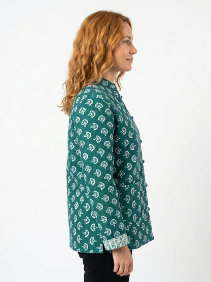 Forest Muse – Long Dark Green Cotton Quilted Reversible Jacket