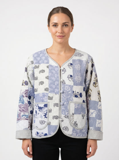 White Blue Mist – Patchwork Cotton Quilted Reversible Jacket