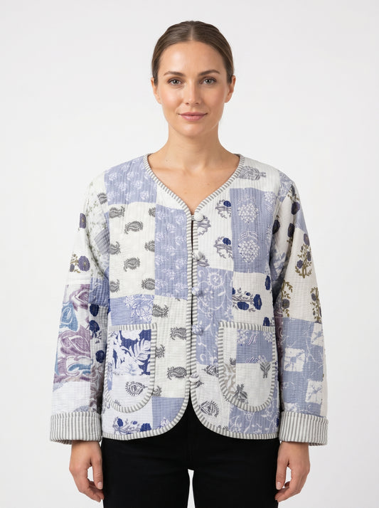 White Blue Mist – Patchwork Cotton Quilted Reversible Jacket