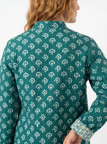 Forest Muse – Long Dark Green Cotton Quilted Reversible Jacket