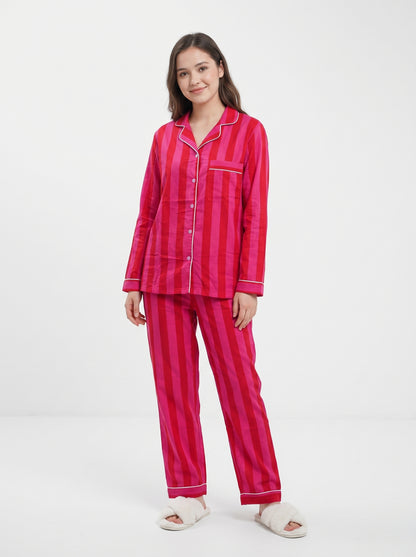 Women’s Pink Red Striped Cotton Night Suit Set – Elegant Two Piece Pajama Set