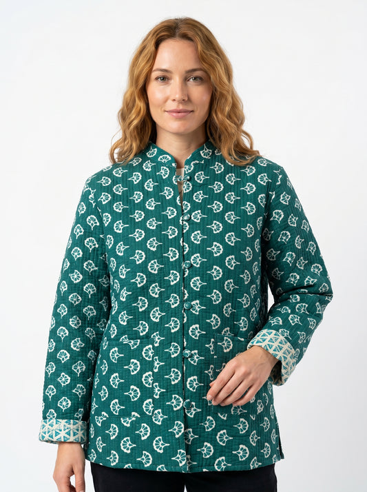 Forest Muse – Long Dark Green Cotton Quilted Reversible Jacket