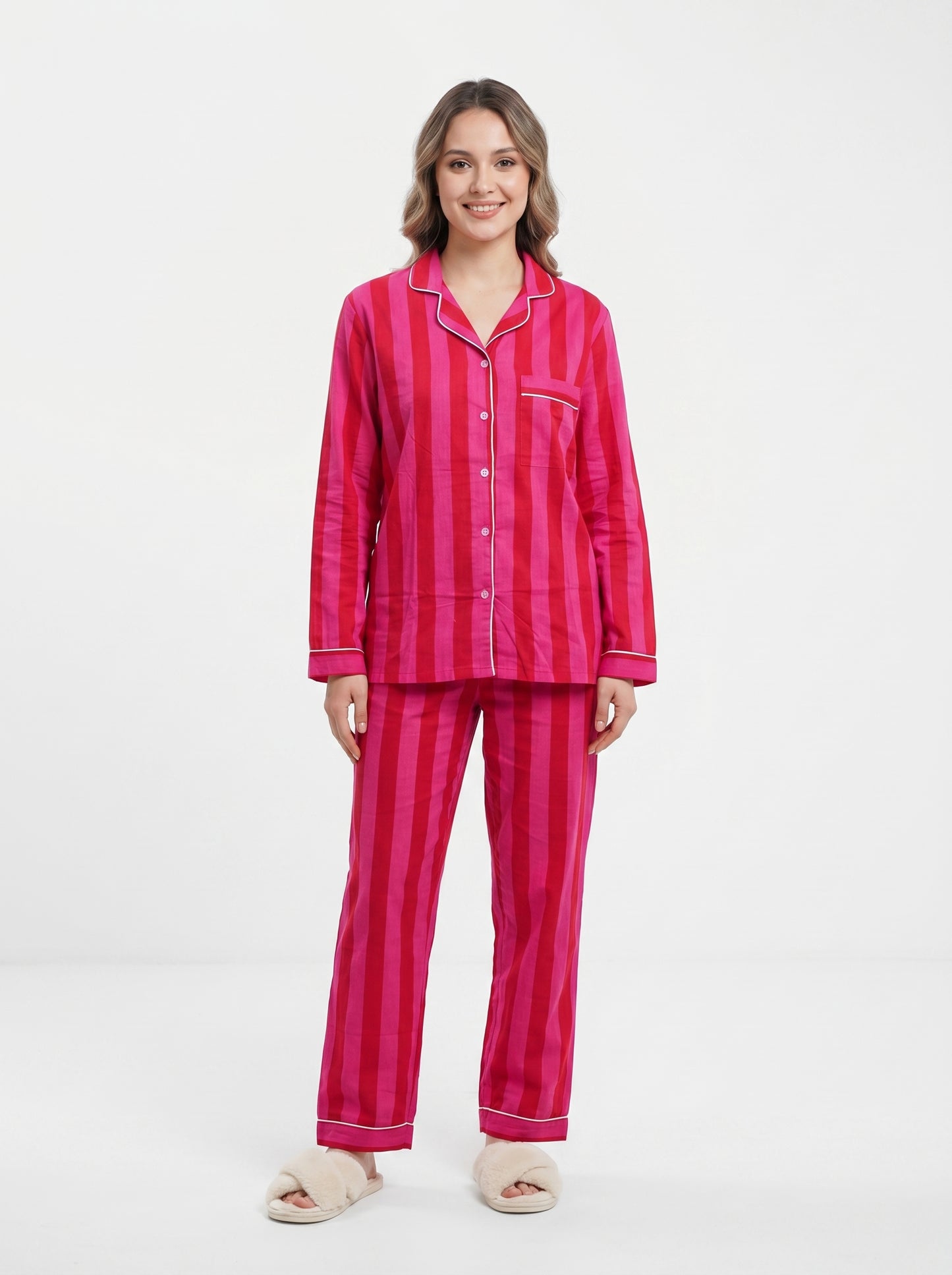Women’s Pink Red Striped Cotton Night Suit Set – Elegant Two Piece Pajama Set