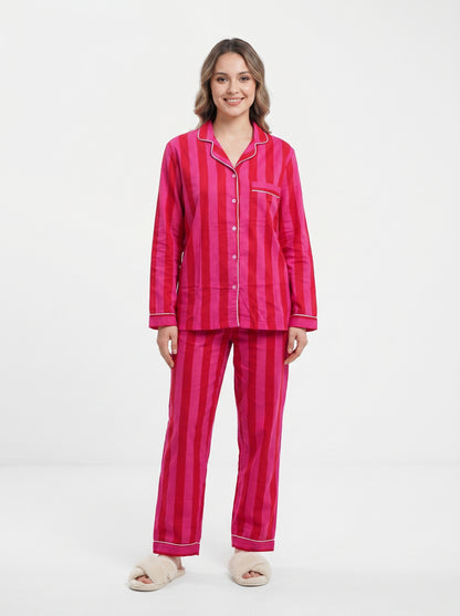 Women’s Pink Red Striped Cotton Night Suit Set – Elegant Two Piece Pajama Set